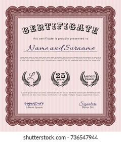 Red Diploma or certificate template. With quality background. Vector illustration. Money Pattern design. 
