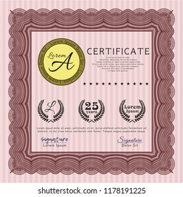 Red Diploma or certificate template. Retro design. Vector illustration. With great quality guilloche pattern. 