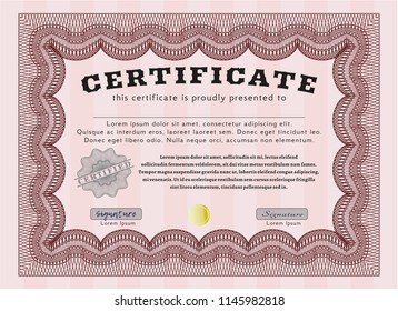 Red Diploma or certificate template. Vector illustration. With guilloche pattern. Superior design. 