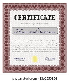 Red Diploma or certificate template. Vector illustration. With guilloche pattern. Sophisticated design. 