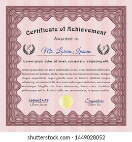 Red Diploma or certificate template. Vector illustration. With great quality guilloche pattern. Money Pattern design. 