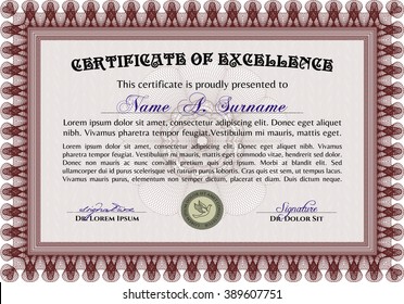 Red Diploma or certificate template. Vector pattern that is used in currency and diplomas.Complex background. Superior design. 
