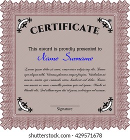 Red Diploma or certificate template. Vector illustration. Lovely design. With complex background. 