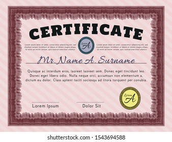 Red Diploma. With great quality guilloche pattern. Cordial design. Vector illustration. 