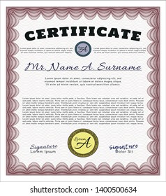 Red Diploma template. Artistry design. With complex background. Detailed. 