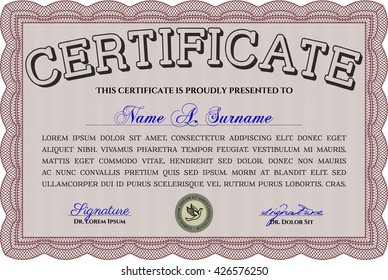 Red Diploma template. Border, frame. Excellent design. With background. 