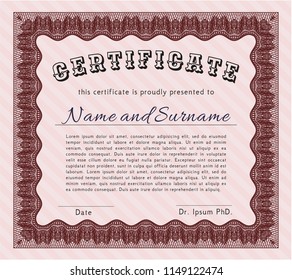 Red Diploma template or certificate template. With complex linear background. Vector illustration. Retro design. 
