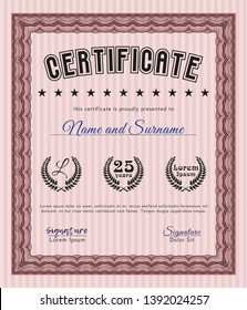 Red Diploma template or certificate template. With complex background. Vector illustration. Beauty design. 