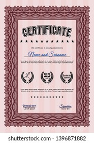 Red Diploma template or certificate template. Elegant design. Vector illustration. Complex background. 
