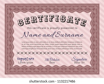 Red Diploma template or certificate template. With great quality guilloche pattern. Superior design. Vector illustration. 