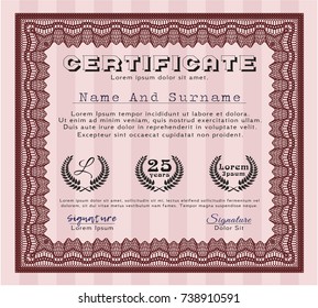 Red Diploma template or certificate template. With great quality guilloche pattern. Vector illustration. Excellent design. 