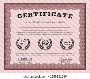 Red Diploma template or certificate template. Lovely design. Vector illustration. With complex linear background. 