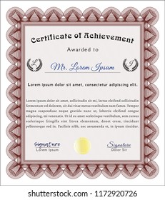 Red Diploma template or certificate template. Nice design. With guilloche pattern and background. Vector illustration. 