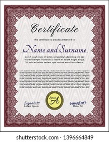 Red Diploma template or certificate template. Nice design. Detailed. With great quality guilloche pattern. 
