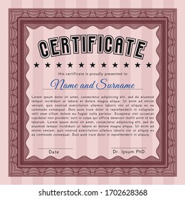 Red Diploma template or certificate template.  Retro design.  With great quality guilloche pattern.  Vector illustration. 