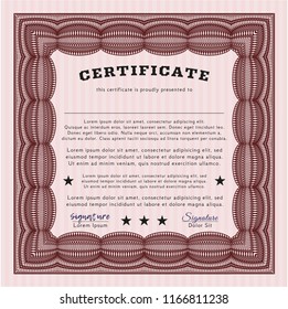 Red Diploma template or certificate template. Vector illustration. With guilloche pattern. Artistry design. 