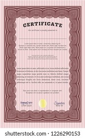 Red Diploma template or certificate template. Vector illustration. With complex background. Superior design. 