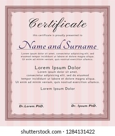 Red Diploma template or certificate template. Vector illustration. With guilloche pattern. Lovely design. 