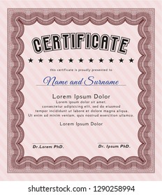 Red Diploma template or certificate template. Vector illustration. With guilloche pattern and background. Artistry design. 
