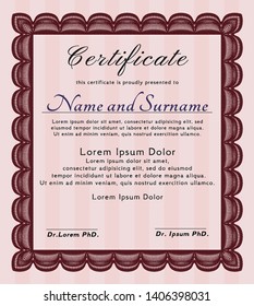 Red Diploma template or certificate template. Vector illustration. With guilloche pattern and background. Retro design. 