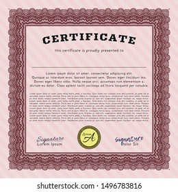 Red Diploma template or certificate template. Vector illustration. Complex background. Artistry design. 