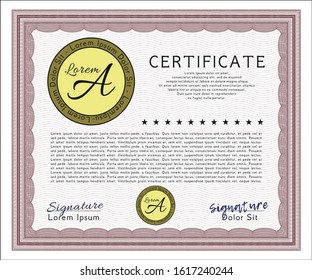 Red Diploma template or certificate template. Vector illustration. With linear background. Money Pattern design. 