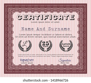 Red Diploma template. With complex linear background. Cordial design. Detailed. 