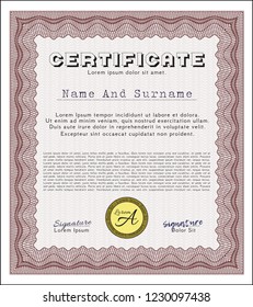 Red Diploma template. Elegant design. Vector illustration. With complex linear background. 