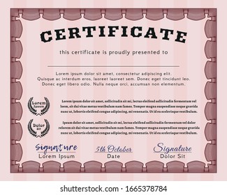 Red Diploma template. Lovely design. With great quality guilloche pattern. Vector illustration. 