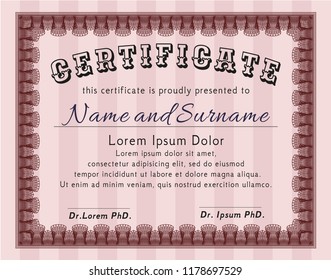 Red Diploma template. Money Pattern. Vector illustration. With complex linear background. 