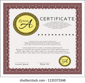Red Diploma template. Nice design. With guilloche pattern and background. Detailed. 