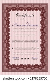 Red Diploma template. Superior design. Vector illustration. With complex linear background. 