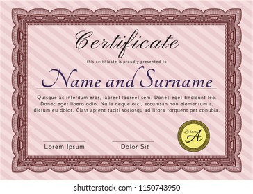 Red Diploma template. Vector illustration. With complex linear background. Beauty design. 