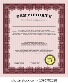 Red Diploma template. Vector illustration. With complex background. Money Pattern design. 
