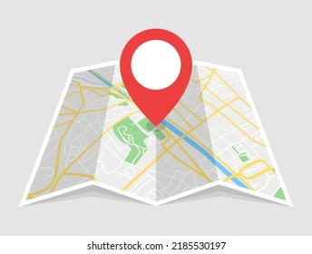 Red direction pointer on folded city map. Vector coloured illustration.