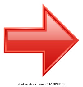 Red direction pointer with triangular arrowhead. Glossy icon