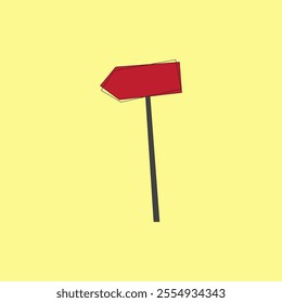 Red direction sign post with arrow vector illustration. Blank signage pointer with wooden pole to choose road or street