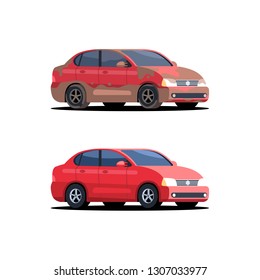 Red Dirty And Clean Car. Vector Illustration Isolated On White Background