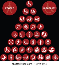 Red disability and people related pyramid graphics collection isolated on black background