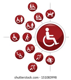 Red Disability related icon set isolated on white background