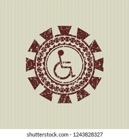 Red disabled (wheelchair) icon inside distressed rubber stamp with grunge texture