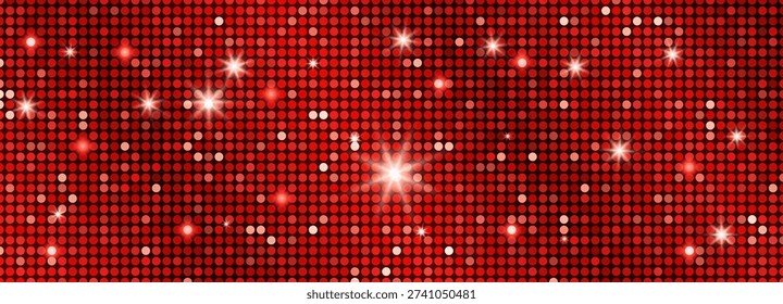 Red disco ball mosaic pattern. Sequin tiles with white star flares. Shimmering grid texture on scarlet backdrop. Party poster, nightclub flyer, dance event, holiday design. Vector seamless.