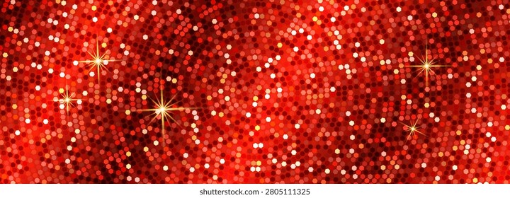 Red disco glitter background with mosaic hexagon tiles. Gold shimmer flecks, ruby sparkle specks. Vector texture with star flare effect. Backdrop for casino or nightclub banner.