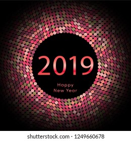 Red discoball New Year 2019 greeting poster. Happy New Year circle disc with particle. Glitter green dot pattern. Vector illustration