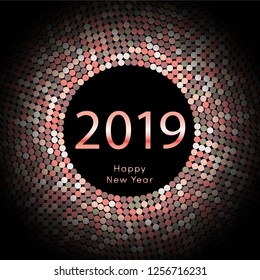 Red discoball New Year 2019 greeting poster. Happy New Year circle disc with particle. Glitter gray dot pattern. Vector illustration