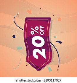 Red discount 20% banner with a party background. Offers Festival. Orange background with confetti to celebrate the discount