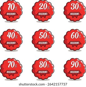 Red Discount Badge Collection with Percentage Labels from 10 to 90	
