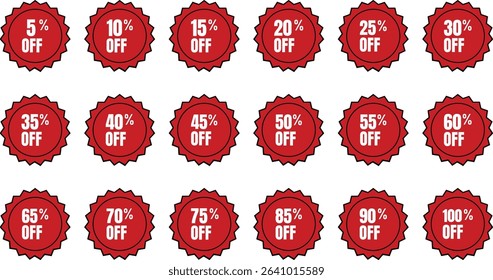 Red Discount Badge Set from 5 to 100 Percent Off for Sale and Promotion Design

