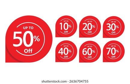 Red Discount Badge Set – Percentage Off Sale Labels Collection , 
Different percent discount sticker discount price tag set. up to 10, 20, 30, 40, 50, 60, 70 percentage vector illustration