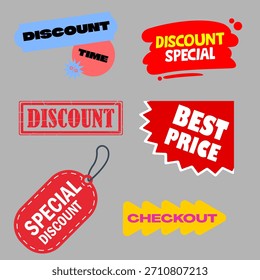 Crachás de desconto vermelho com várias etiquetas especiais de oferta.